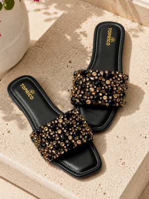 Black crystal embellished faux leather flats for women 2