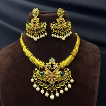 Antique Gold Peacock Necklace Set with Emerald Ruby Pearls – Traditional Indian Bridal Choker 2