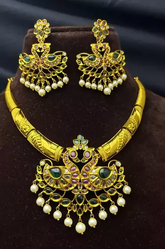 Antique Gold Peacock Necklace Set with Emerald Ruby Pearls – Traditional Indian Bridal Choker