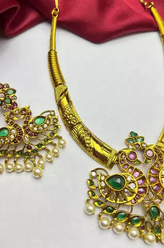 Antique Gold Peacock Necklace Set with Emerald Ruby Pearls – Traditional Indian Bridal Choker