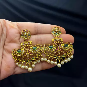 Antique Gold Peacock Necklace Set with Emerald Ruby Pearls – Traditional Indian Bridal Choker 4