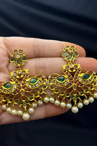 Antique Gold Peacock Necklace Set with Emerald Ruby Pearls – Traditional Indian Bridal Choker