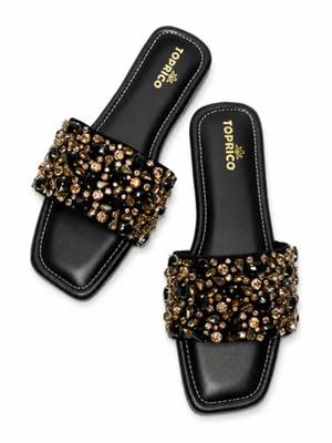 Black crystal embellished faux leather flats for women 3