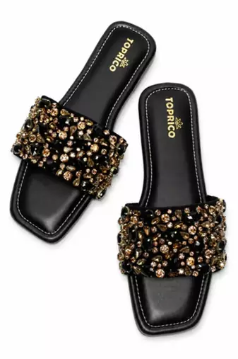 Black crystal embellished faux leather flats for women