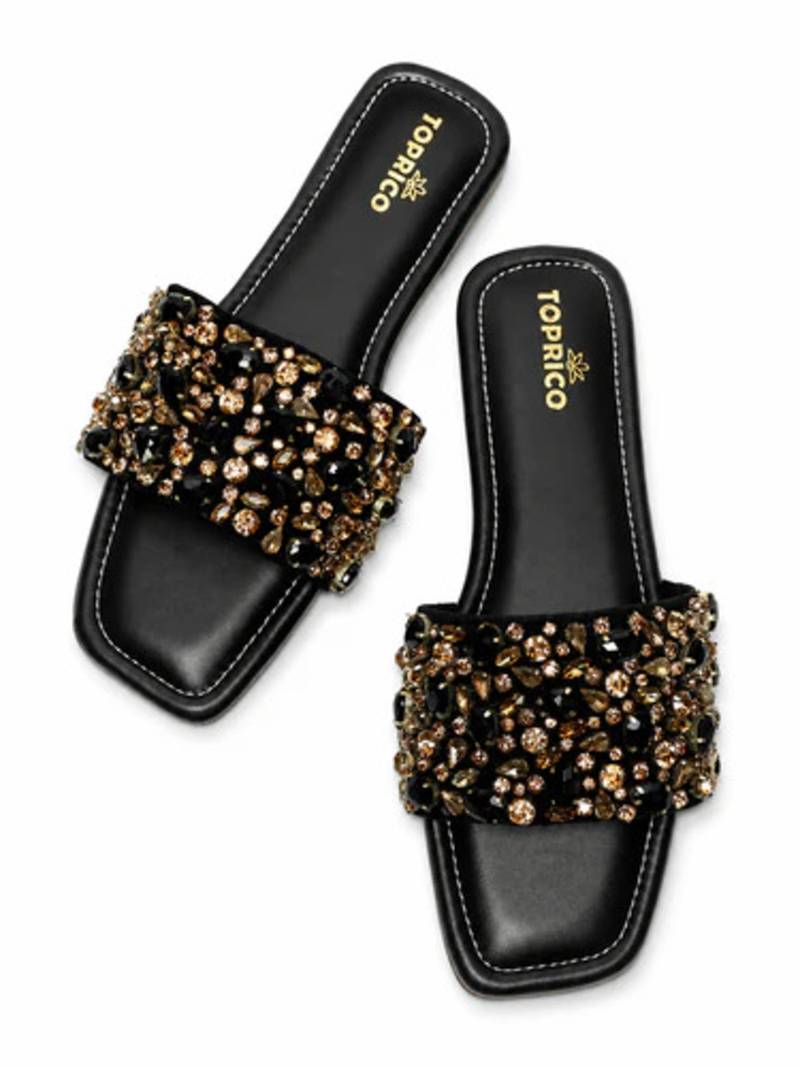 Black crystal embellished faux leather flats for women
