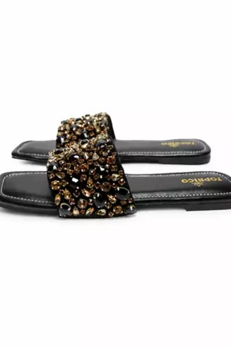Black crystal embellished faux leather flats for women