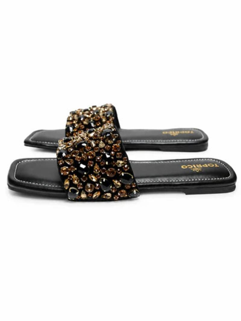 Black crystal embellished faux leather flats for women