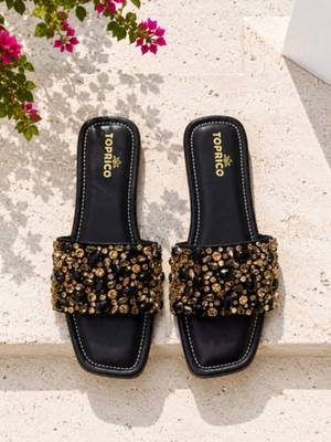 Black crystal embellished faux leather flats for women 5