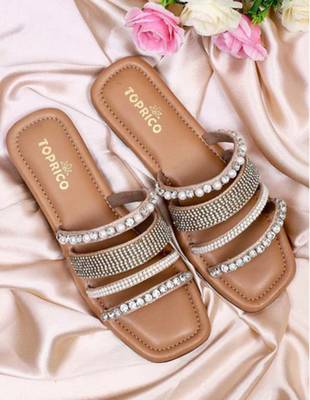 Tan embellished faux leather multi-strap flats for women 1