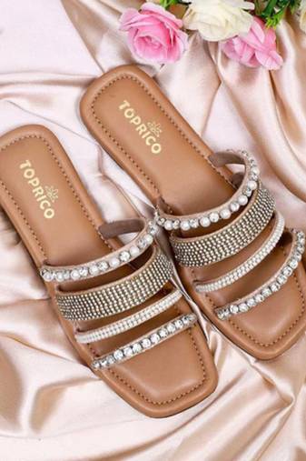 Tan embellished faux leather multi-strap flats for women