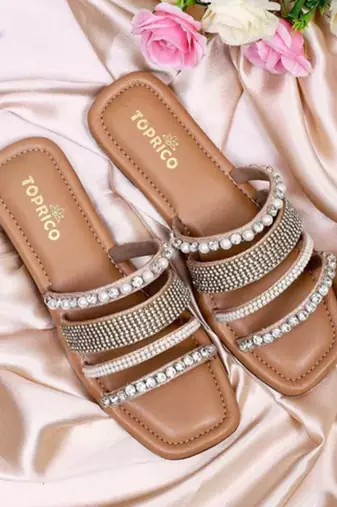 Tan embellished faux leather multi-strap flats for women