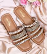 Tan embellished faux leather multi-strap flats for women
