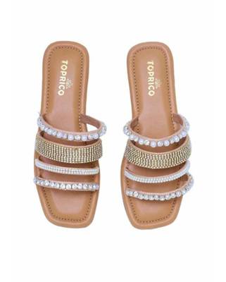 Tan embellished faux leather multi-strap flats for women 2