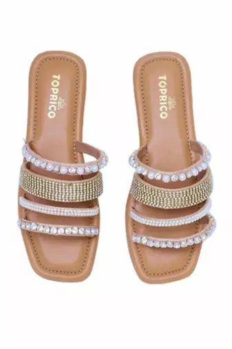 Tan embellished faux leather multi-strap flats for women