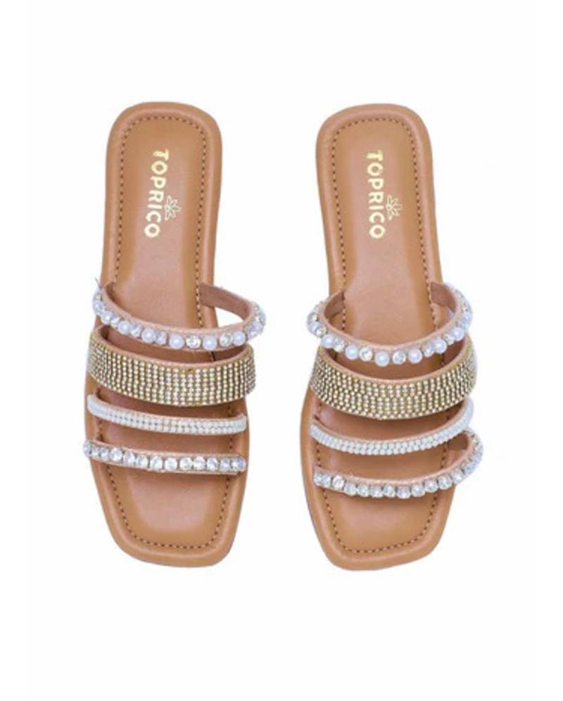 Tan embellished faux leather multi-strap flats for women