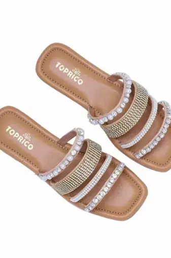 Tan embellished faux leather multi-strap flats for women