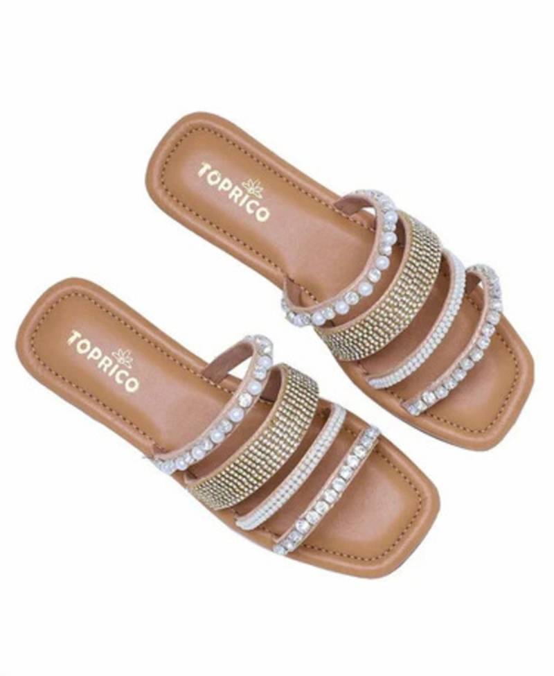 Tan embellished faux leather multi-strap flats for women