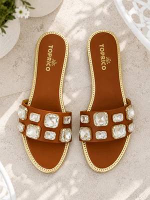 Tan crystal embellished faux leather slip-on flats for women 1