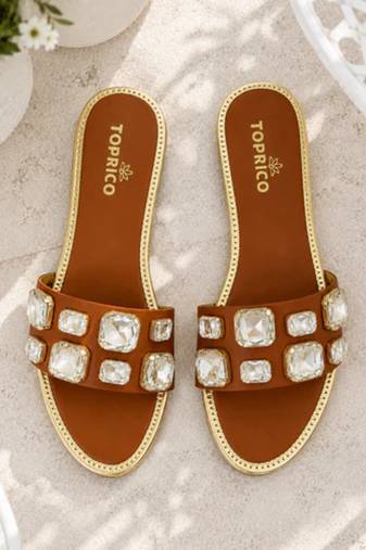 Tan crystal embellished faux leather slip-on flats for women