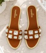 Tan crystal embellished faux leather slip-on flats for women