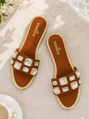 Tan crystal embellished faux leather slip-on flats for women 2