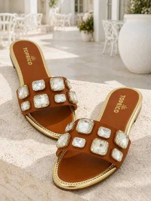 Tan crystal embellished faux leather slip-on flats for women 3