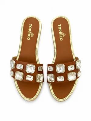 Tan crystal embellished faux leather slip-on flats for women 4