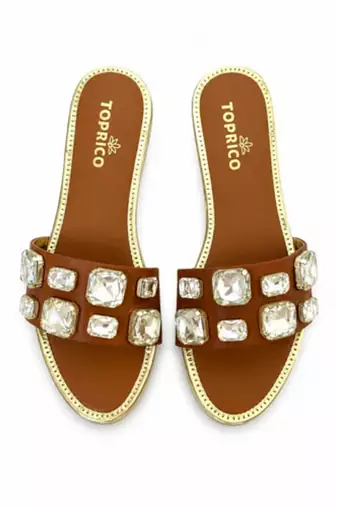Tan crystal embellished faux leather slip-on flats for women