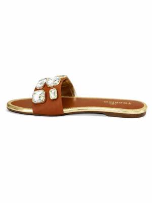 Tan crystal embellished faux leather slip-on flats for women 5