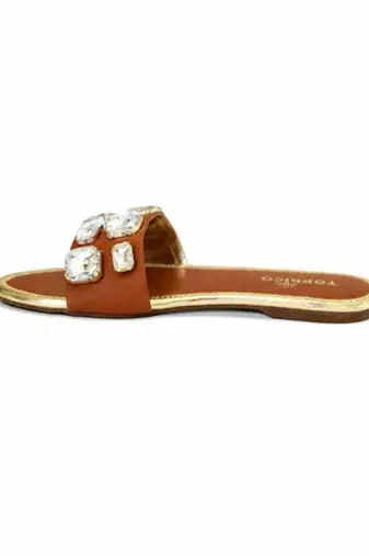 Tan crystal embellished faux leather slip-on flats for women