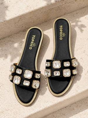 Black crystal embellished faux leather slip-on flats for women 1