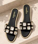 Black crystal embellished faux leather slip-on flats for women