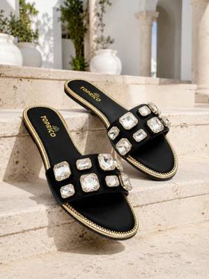 Black crystal embellished faux leather slip-on flats for women 2