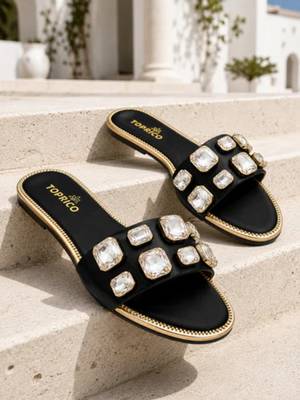 Black crystal embellished faux leather slip-on flats for women 3