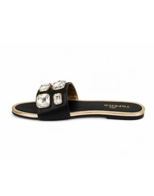 Black crystal embellished faux leather slip-on flats for women 5