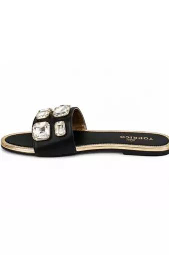 Black crystal embellished faux leather slip-on flats for women