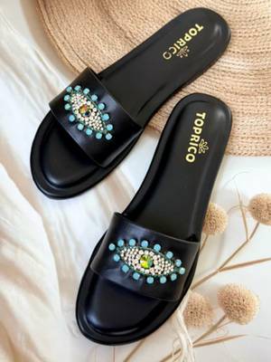 Black beaded faux leather evil eye flats for women 1