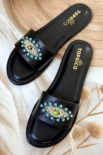 Black beaded faux leather evil eye flats for women