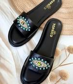 Black beaded faux leather evil eye flats for women