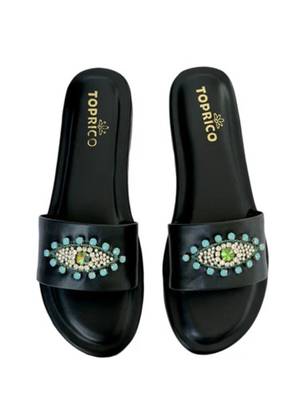 Black beaded faux leather evil eye flats for women 2