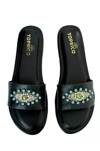 Black beaded faux leather evil eye flats for women