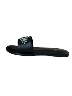 Black beaded faux leather evil eye flats for women 3