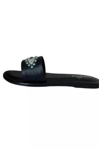 Black beaded faux leather evil eye flats for women