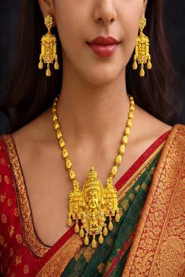 Goddess Lakshmi Temple Jewelry Set: Antique Matte Gold Haram Necklace, Earrings 1