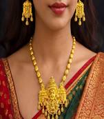 Goddess Lakshmi Temple Jewelry Set: Antique Matte Gold Haram Necklace, Earrings