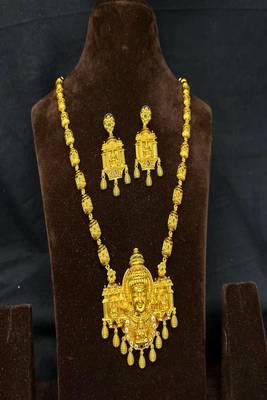 Goddess Lakshmi Temple Jewelry Set: Antique Matte Gold Haram Necklace, Earrings 3
