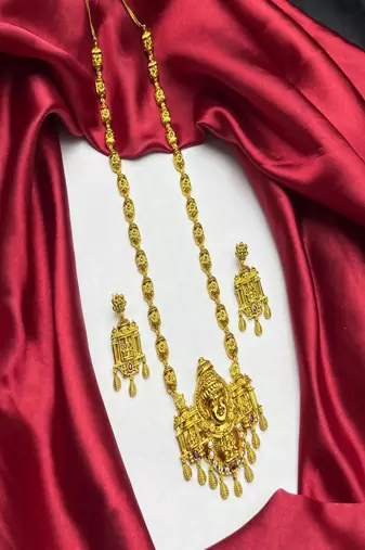 Goddess Lakshmi Temple Jewelry Set: Antique Matte Gold Haram Necklace, Earrings