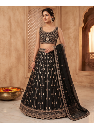 Black Crepe Silk Sequins Dori Work Embroidered Lehenga 1