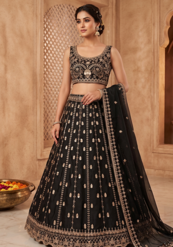 Black Crepe Silk Sequins Dori Work Embroidered Lehenga