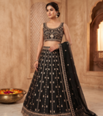 Black Crepe Silk Sequins Dori Work Embroidered Lehenga